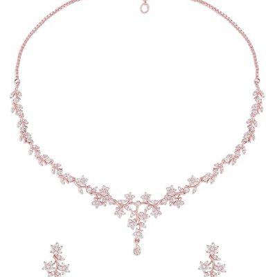 ZAVERI PEARLS Rose Gold Dazzling Cubic Zirconia Floral Brass Necklace & Earring Set For Women-ZPFK16480