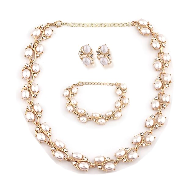Shining Diva Fashion Latest Stylish Design Fancy Pearl Bracelet Earrings Necklace Jewellery Set for Women (15214s)